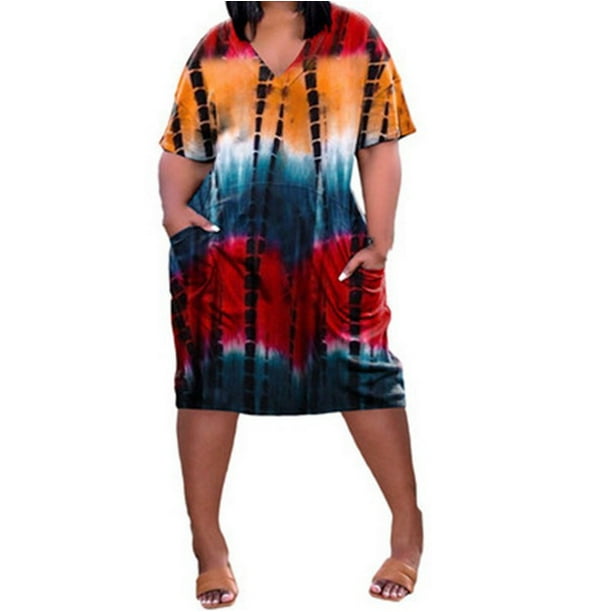 Lovely Nursling Womens Plus Size Summer Dresses Tie-dye Printing V Neck Short Sleeve Pockets T Shirt Loose Dress
